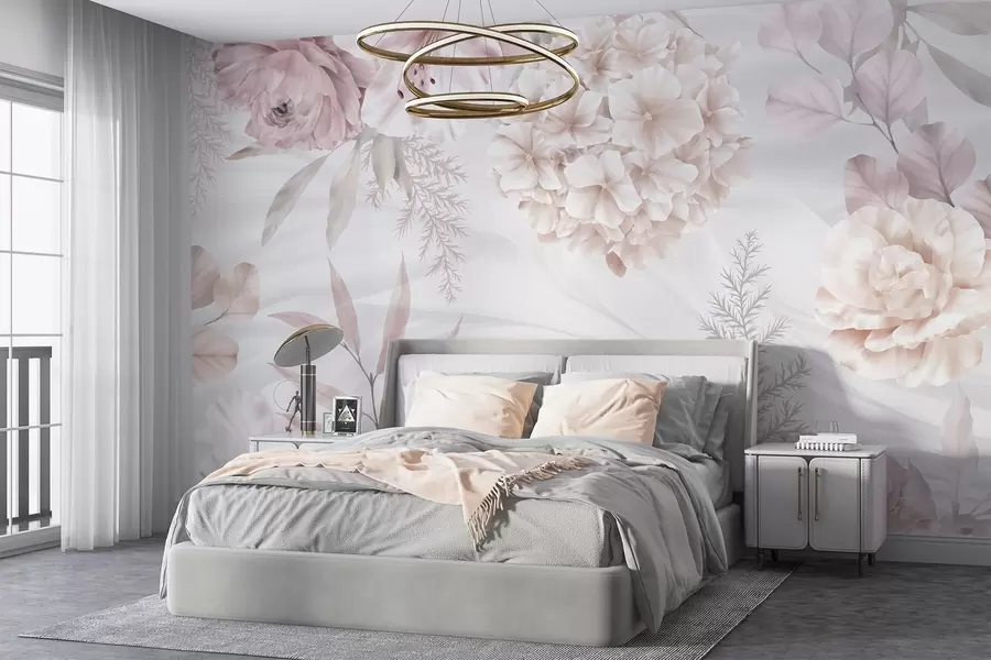 Wall Mural Photo Wallpaper A soft, abstract floral print with large pink and white flowers, delicate leaves, and a muted, pastel color palette w08651
