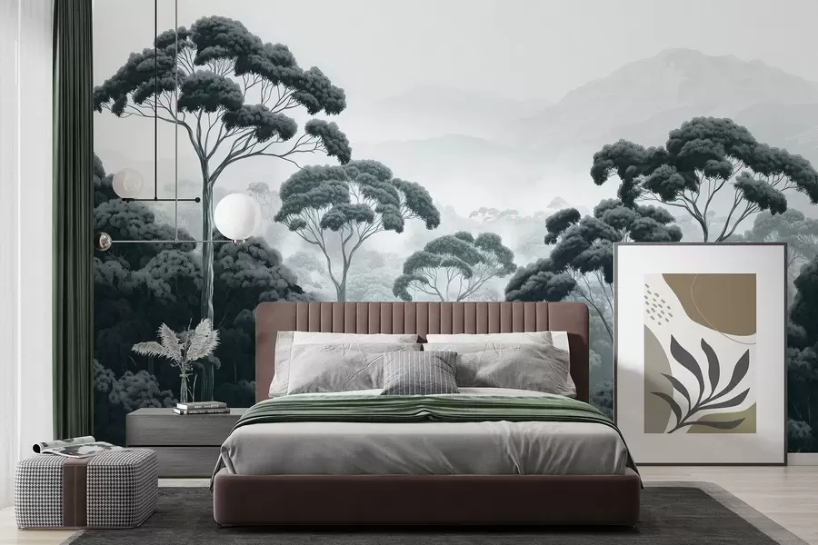 peintures murales Forêt de jungle, montagnes, tropical, nature, grands arbres, couleurs bleu foncé w02739