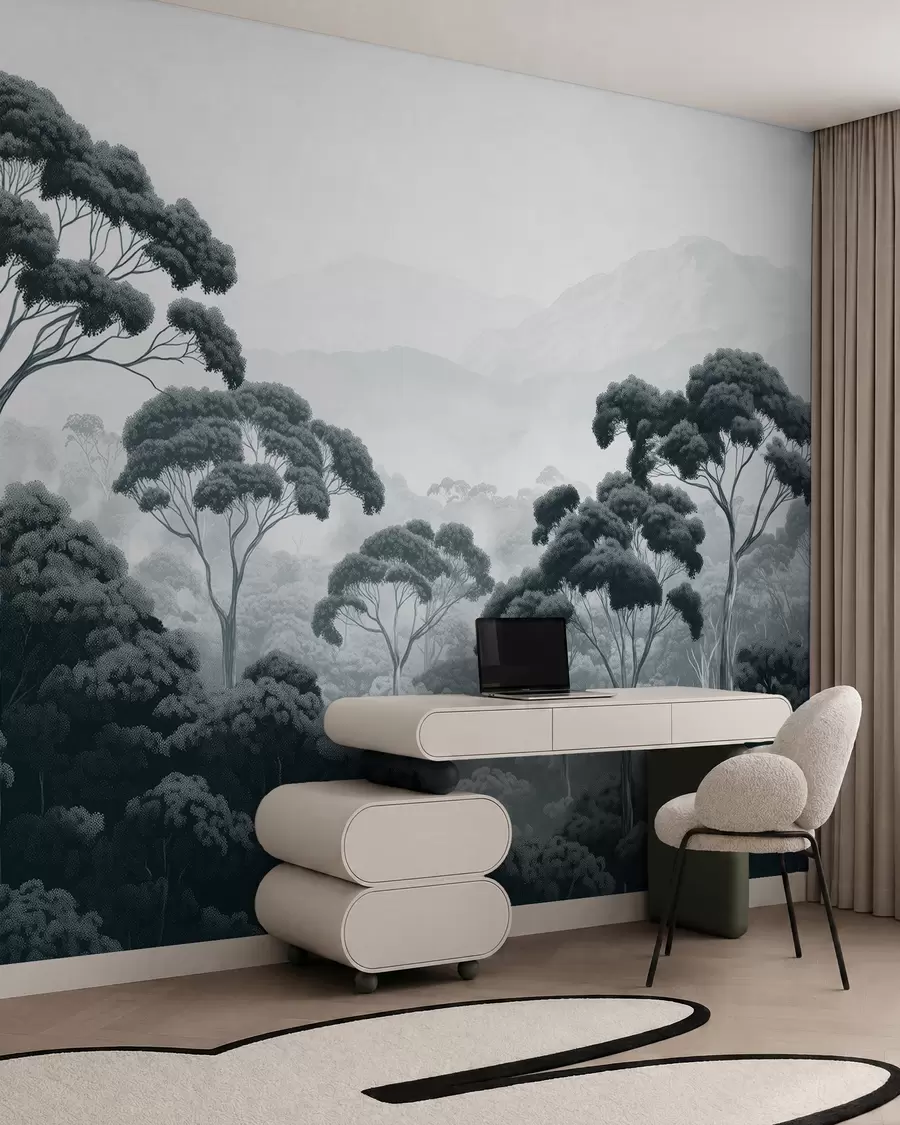 wall murals Jungle forest, mountains, tropical, nature, big trees, dark blue colors w02739