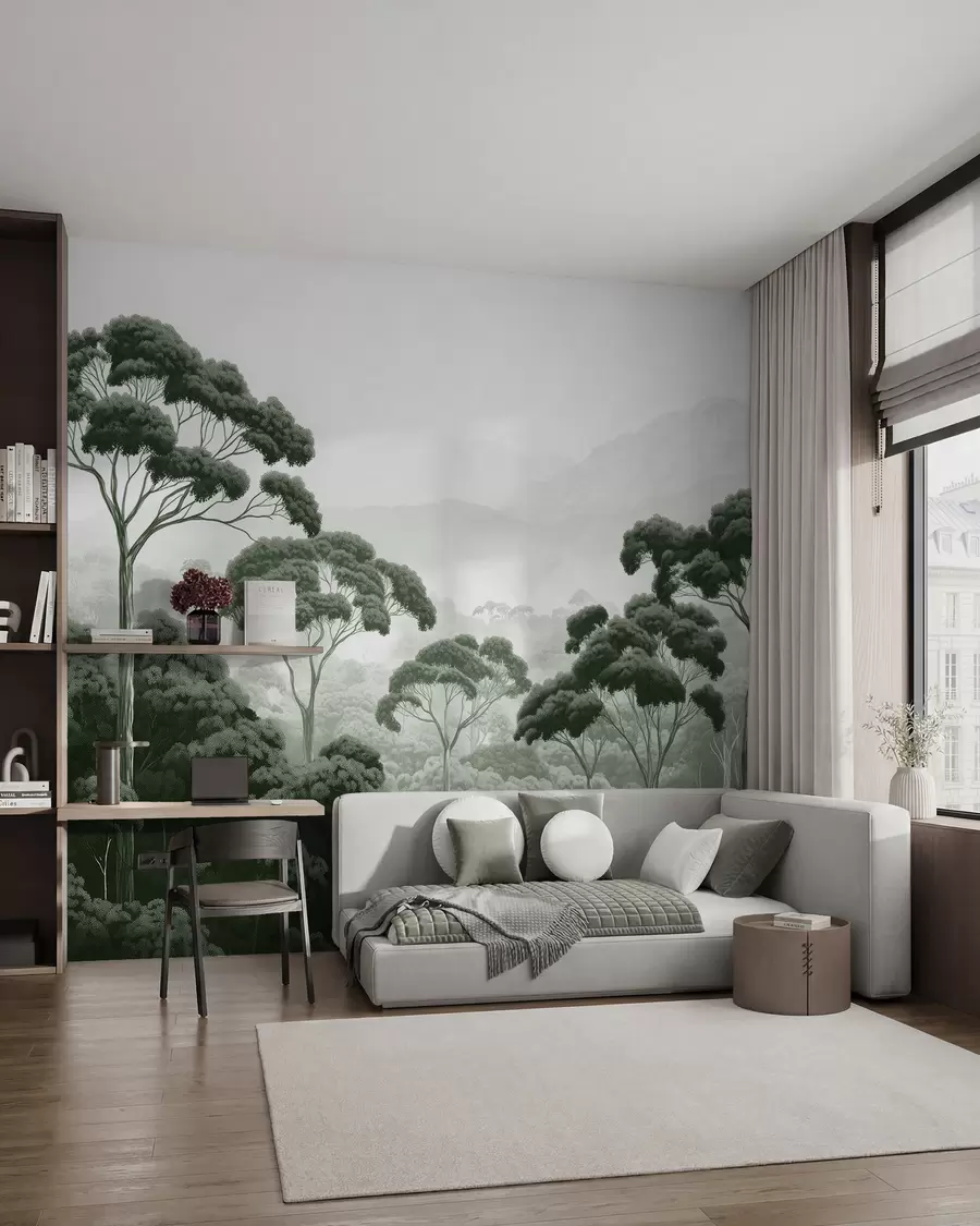 wall murals Jungle forest, mountains, tropical, nature, big trees, dark green colors w02739v1
