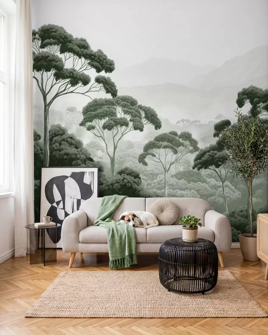 peintures murales Forêt de jungle, montagnes, tropical, nature, grands arbres, couleurs vertes foncées w02739v1
