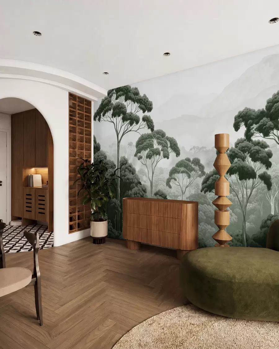 peintures murales Forêt de jungle, montagnes, tropical, nature, grands arbres, couleurs vertes foncées w02739v1