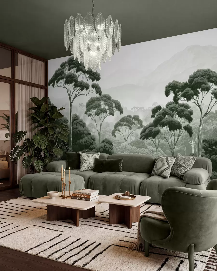 wall murals Jungle forest, mountains, tropical, nature, big trees, dark green colors w02739v1