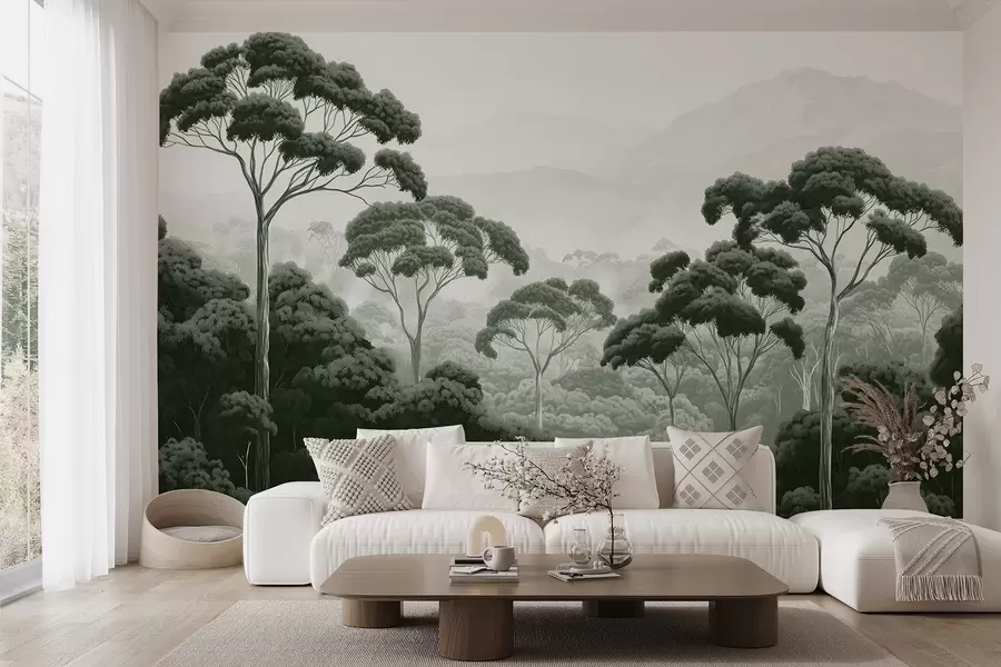 peintures murales Forêt de jungle, montagnes, tropical, nature, grands arbres, couleurs vertes foncées w02739v1
