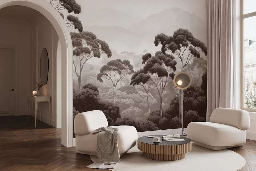 murales Selva, montañas, tropical, naturaleza, árboles grandes, colores marrones w02739v2