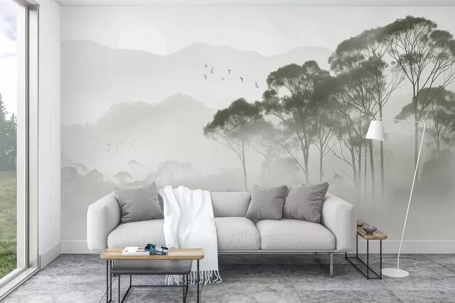 wall murals Trees in the fog, nature landscapes, birds, sun, green colors w02740