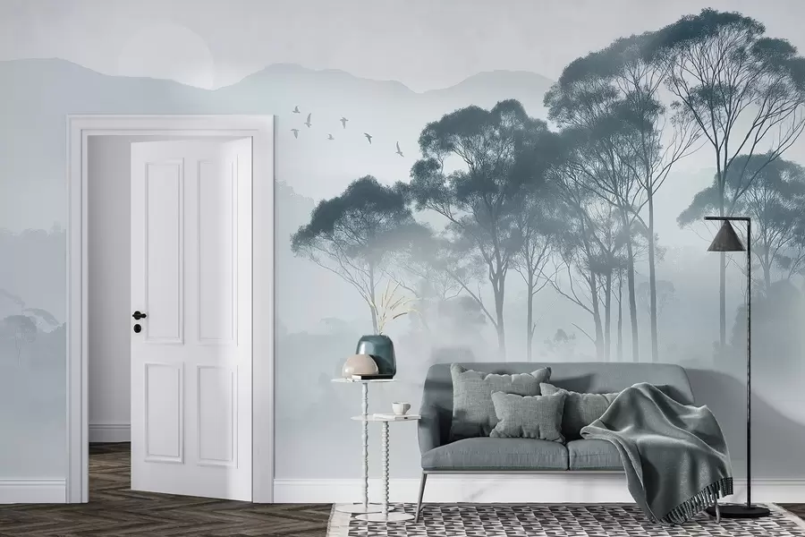 Wall Mural Photo Wallpaper Trees in the fog, nature landscapes, birds, sun, blue colors w02740v1