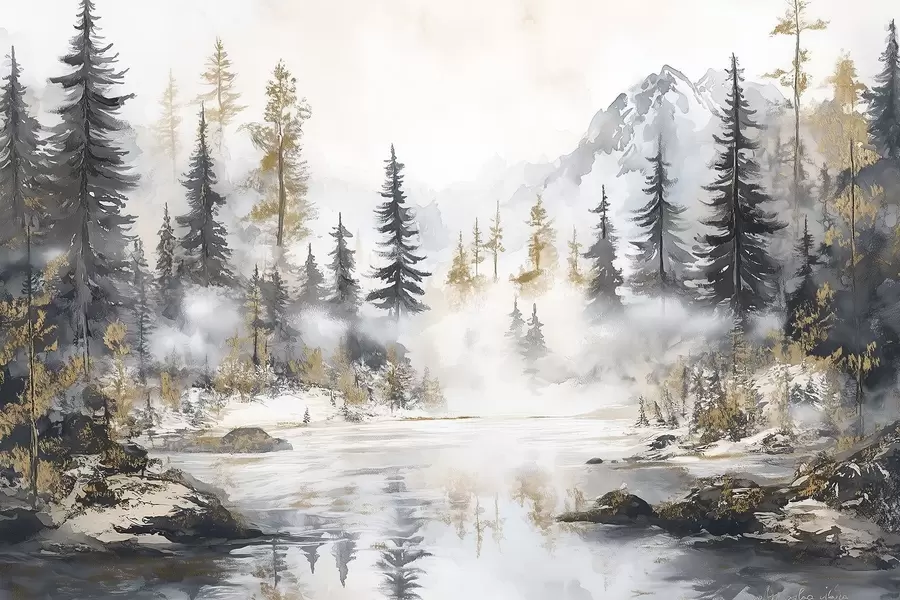 wall murals Winter landscape with lake and forest, mountains, pastel style darwing w02741