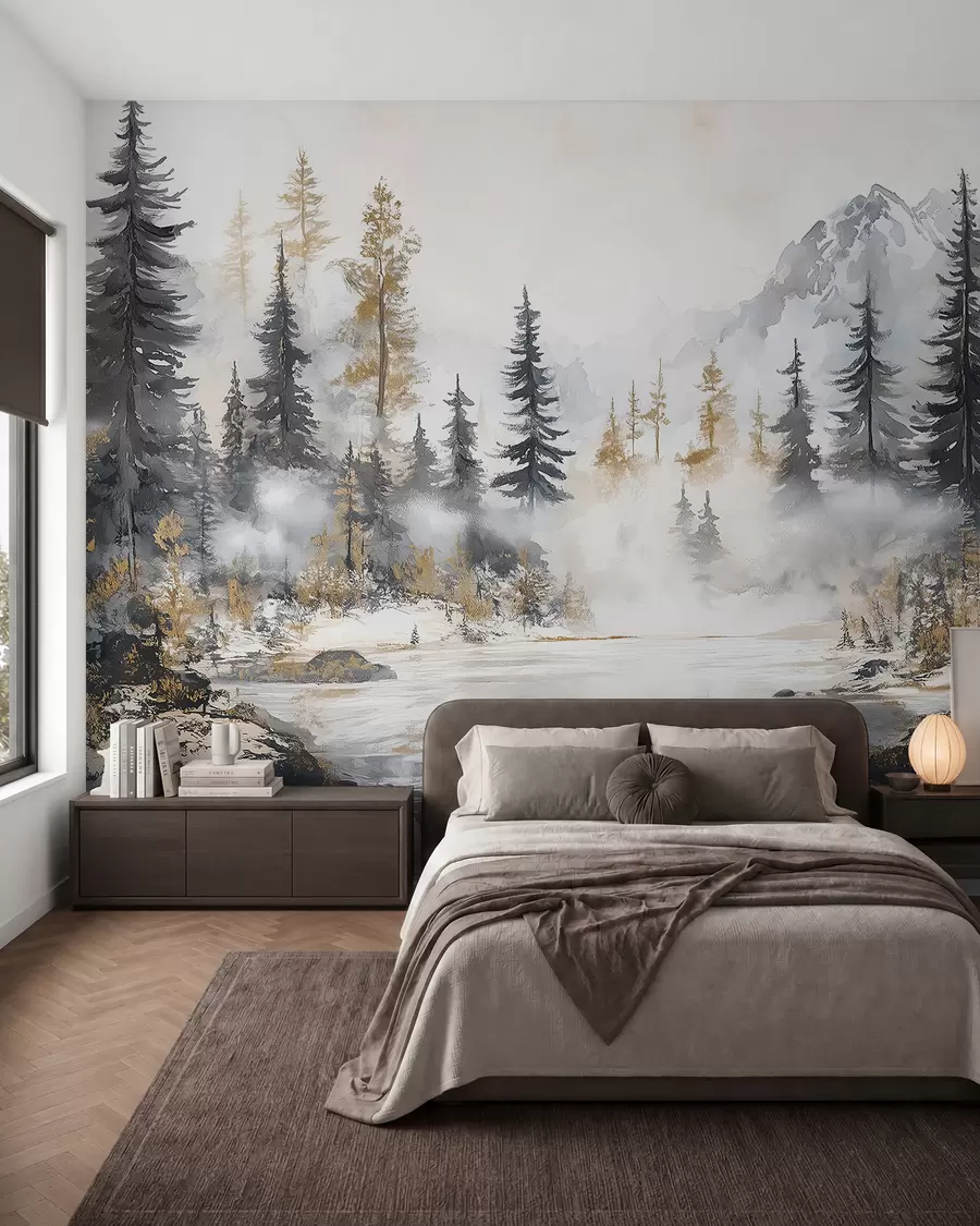 peintures murales Paysage d'hiver avec lac et forêt, montagnes, style pastel darwing w02741