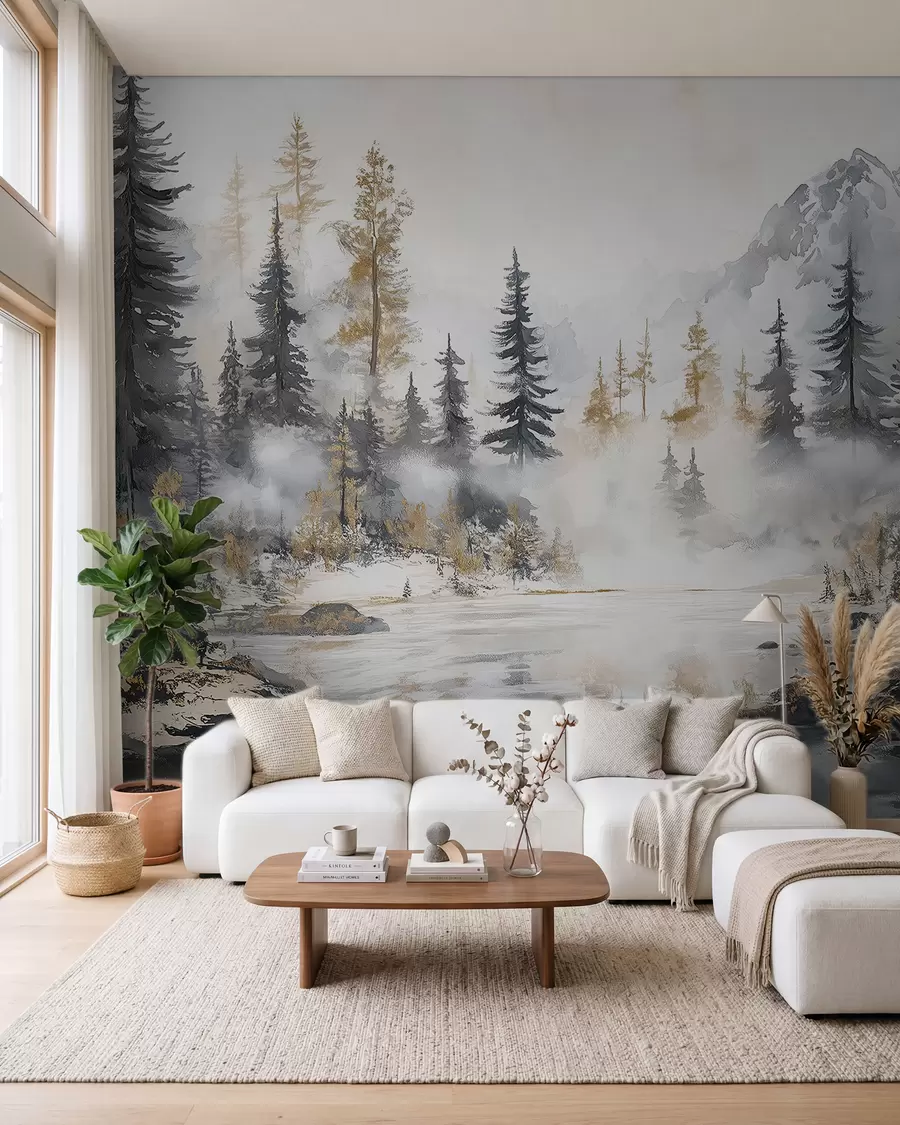 Wall Mural Photo Wallpaper Winter landscape with lake and forest, mountains, pastel style darwing w02741