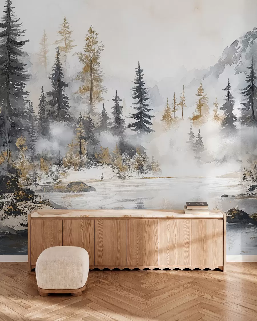 peintures murales Paysage d'hiver avec lac et forêt, montagnes, style pastel darwing w02741