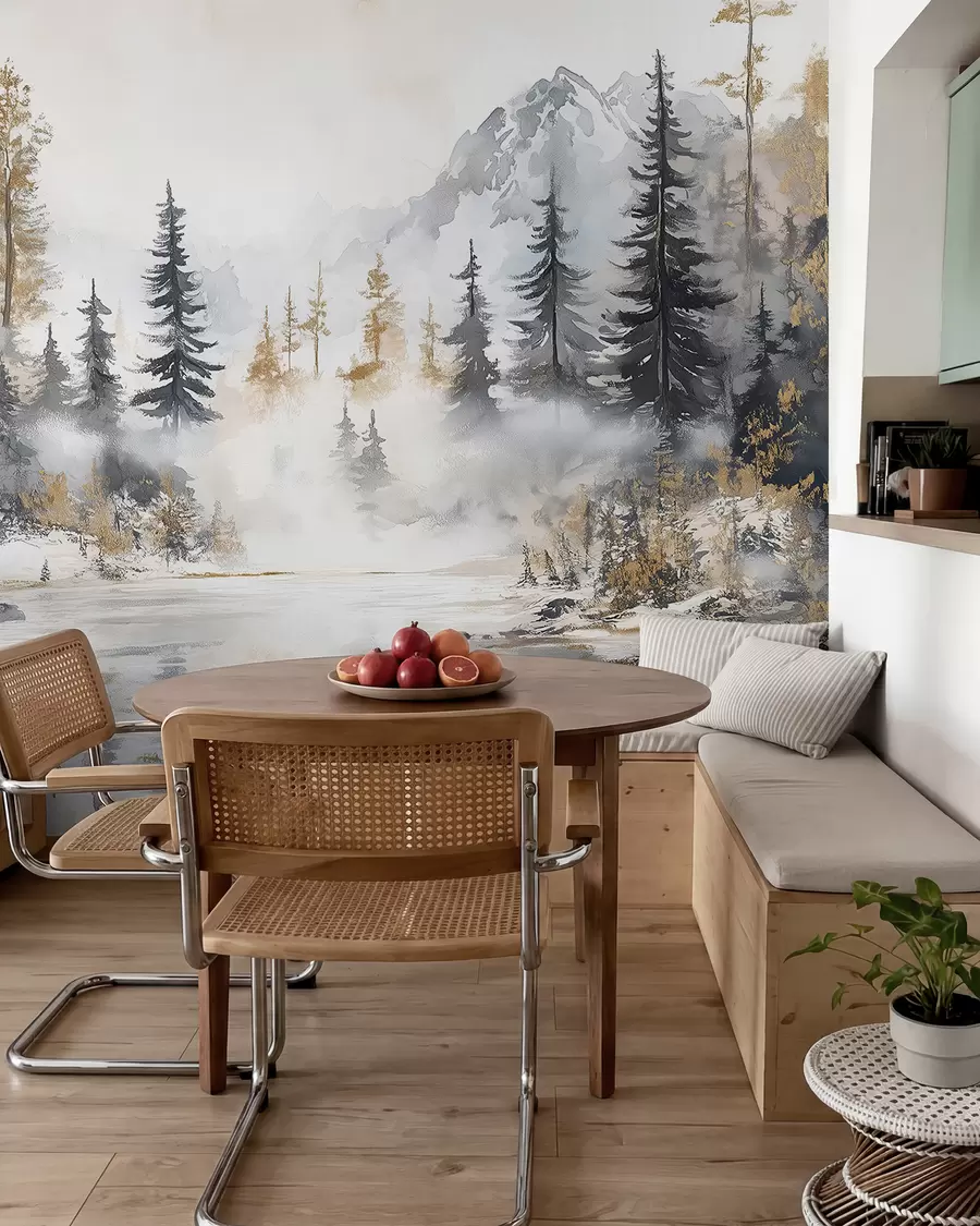 wall murals Winter landscape with lake and forest, mountains, pastel style darwing w02741