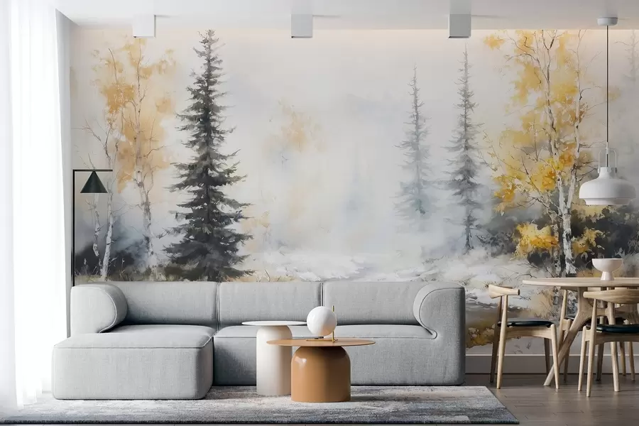 murais de parede Floresta de inverno, bétulas, pinheiros, rio, nevoeiro, cores pastel w02742