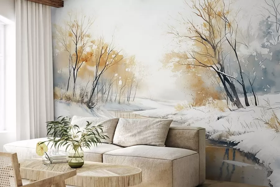 murales Paisaje invernal de río con bosque, dibujo estilo acuarela w02743