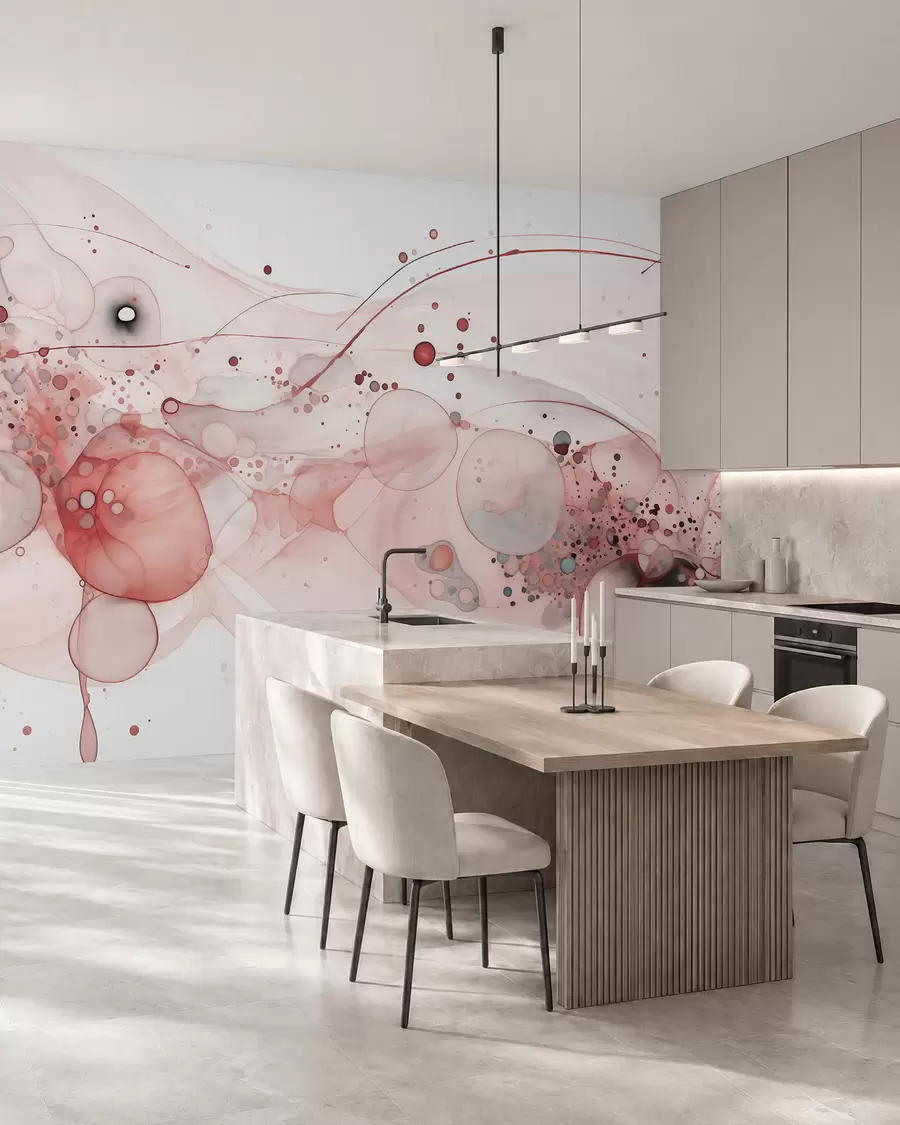 peintures murales Art abstrait à l'encre, style fluide, palette de couleurs roses w02744v1