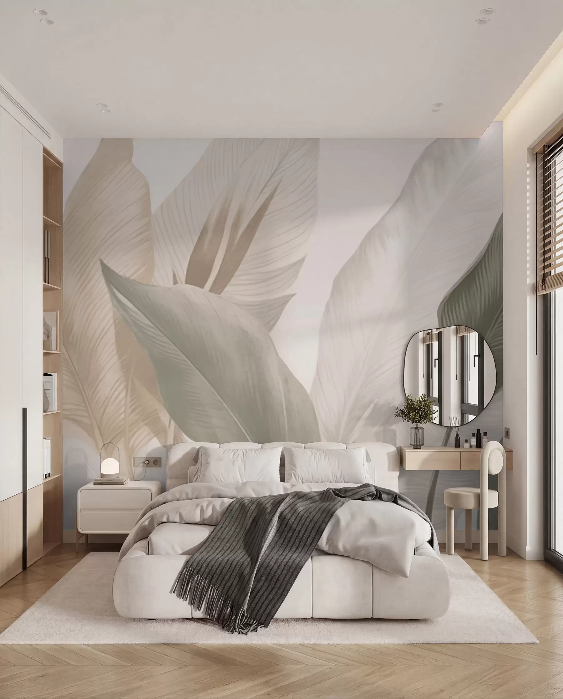 murales Hojas tropicales en suaves tonos beige y verde, con efecto acuarela y suaves transiciones de color w02854