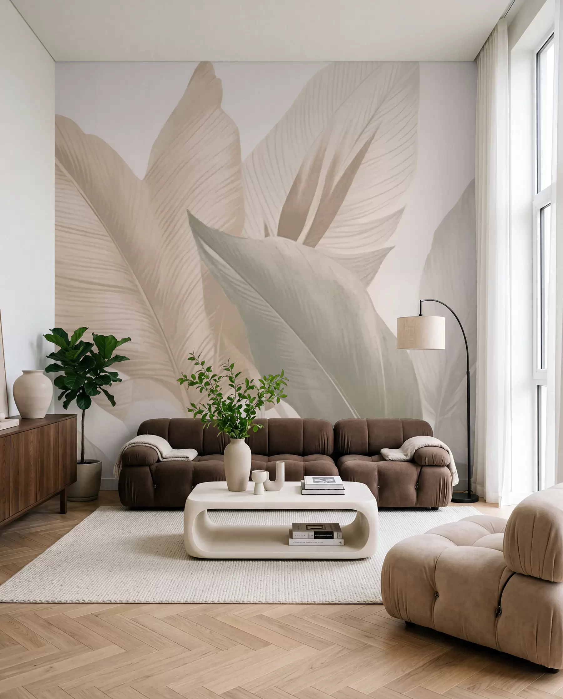 Wall Mural Photo Wallpaper Tropical leaves in soft beige and green tones, with a watercolor effect and gentle color transitions w02854