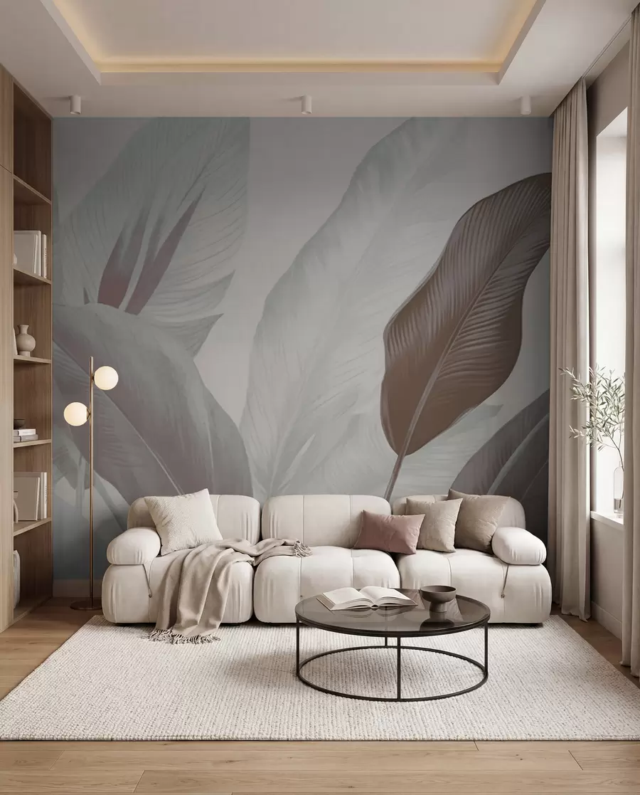 murales Hojas tropicales en tonos grises y marrones apagados, que resaltan la textura y las sutiles transiciones entre luces y sombras w02854v1