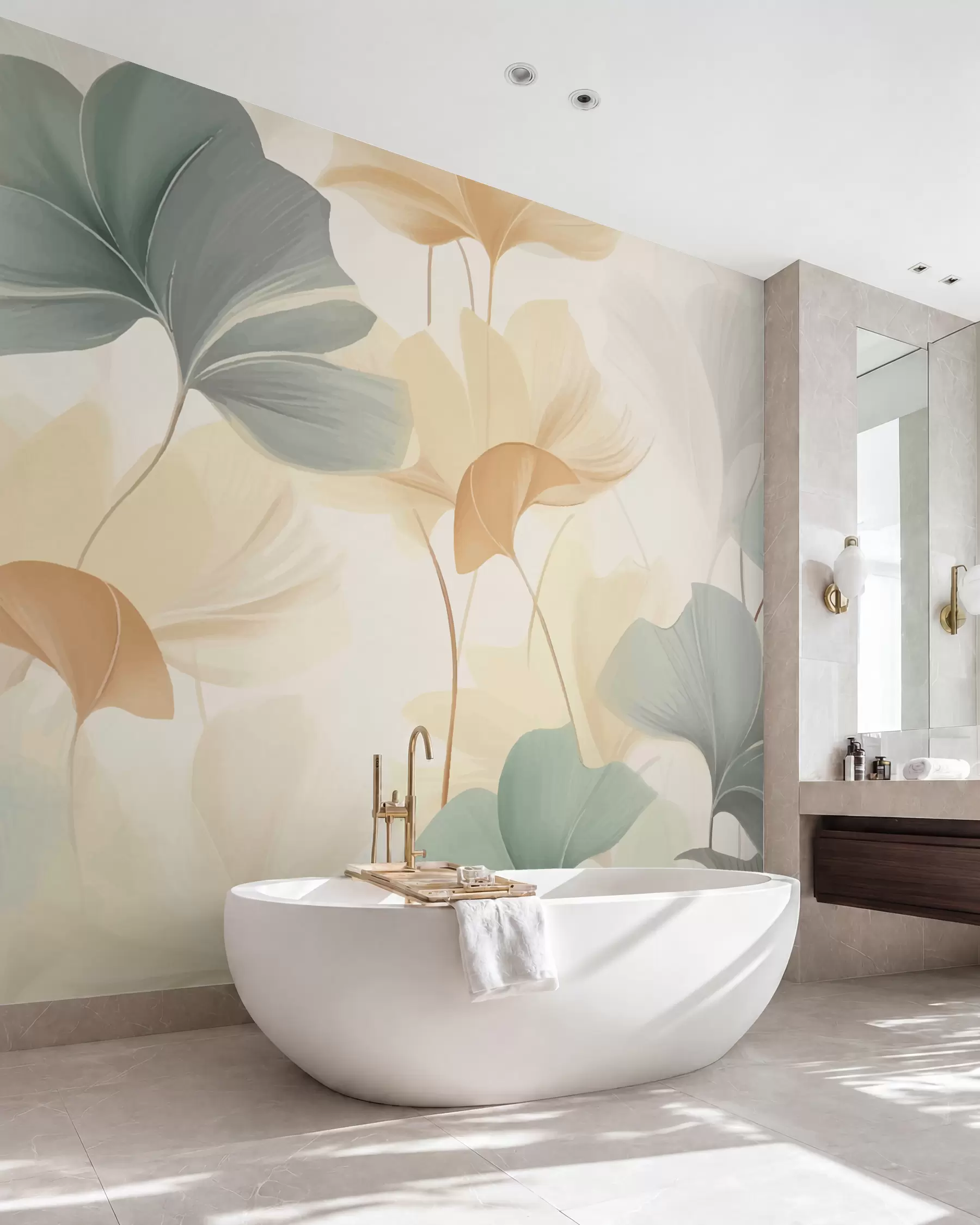 wall murals Pattern of ginkgo leaves in soft pastel tones, blending green, yellow, and cream hues to create a light and airy feel w02855