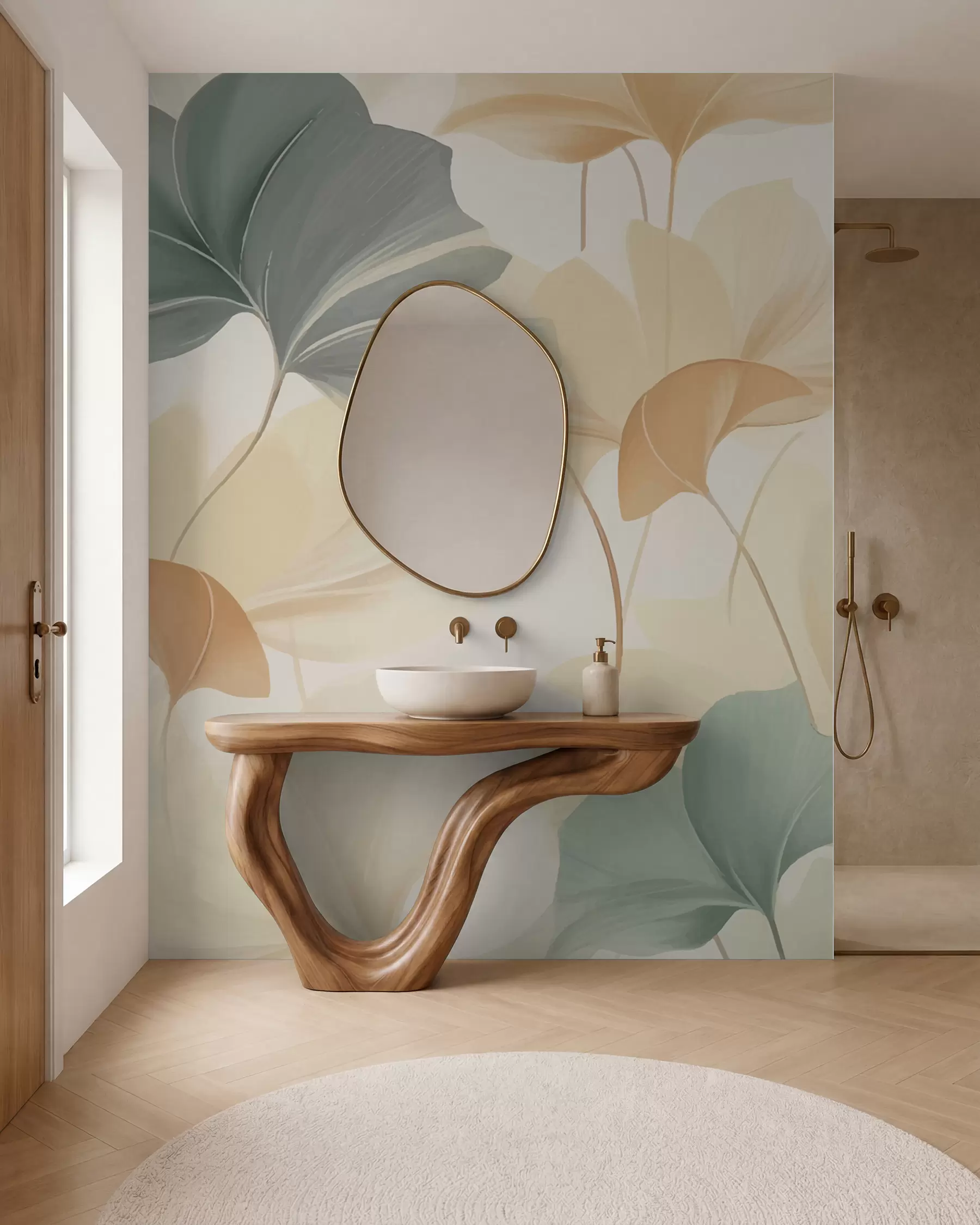 peintures murales Motif de feuilles de ginkgo dans des tons pastel doux, mélangeant des teintes vertes, jaunes et crème pour créer une sensation de légèreté et d'aération w02855