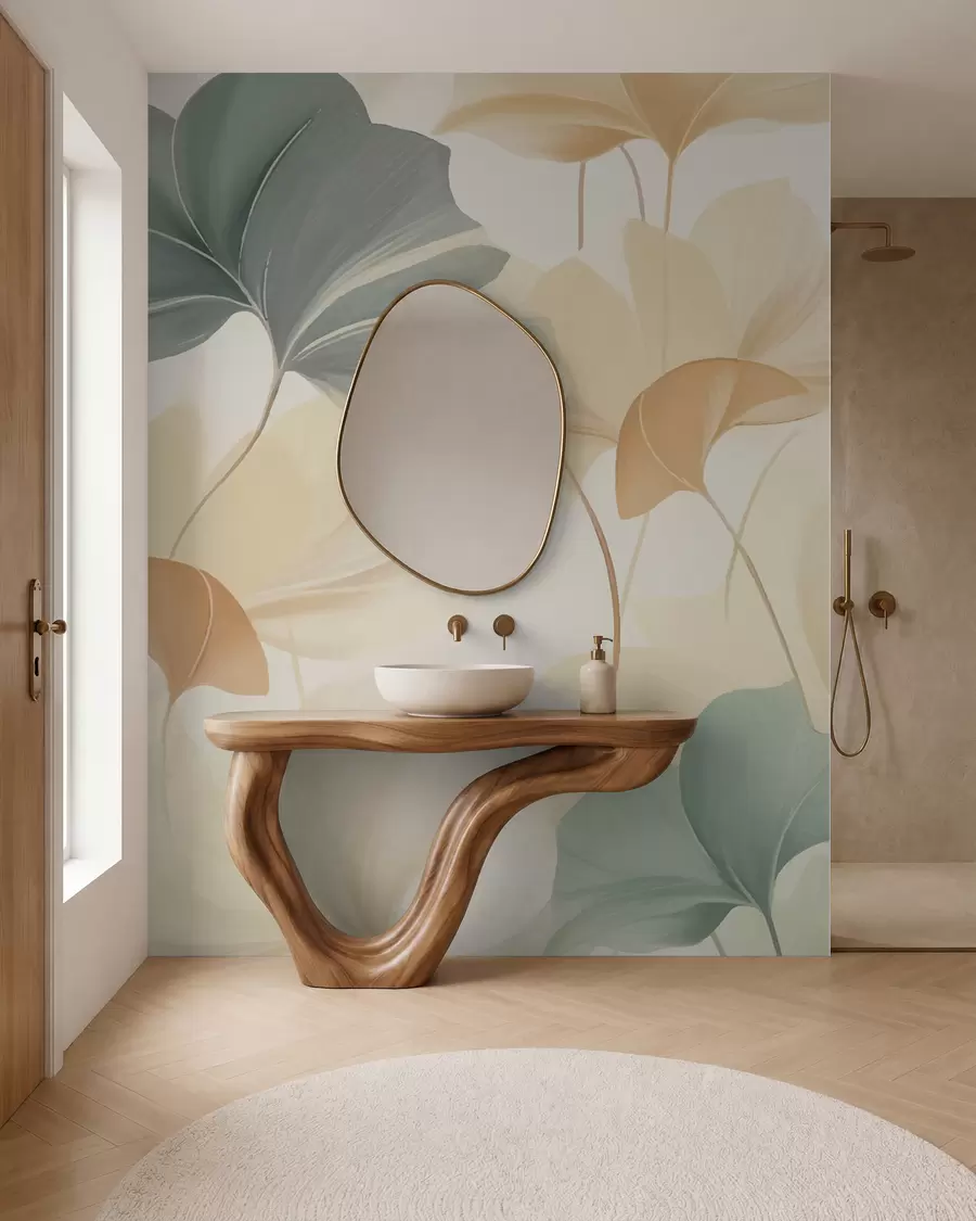 wall murals Pattern of ginkgo leaves in soft pastel tones, blending green, yellow, and cream hues to create a light and airy feel w02855