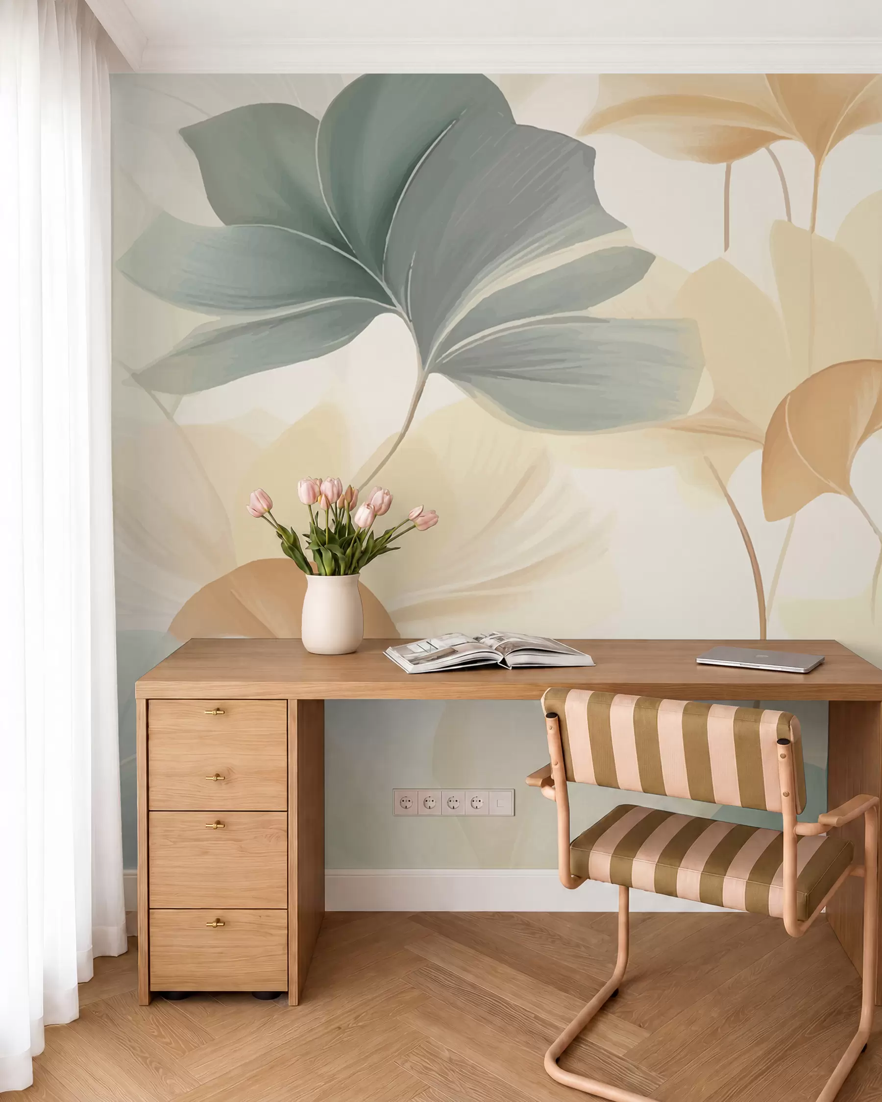 wall murals Pattern of ginkgo leaves in soft pastel tones, blending green, yellow, and cream hues to create a light and airy feel w02855