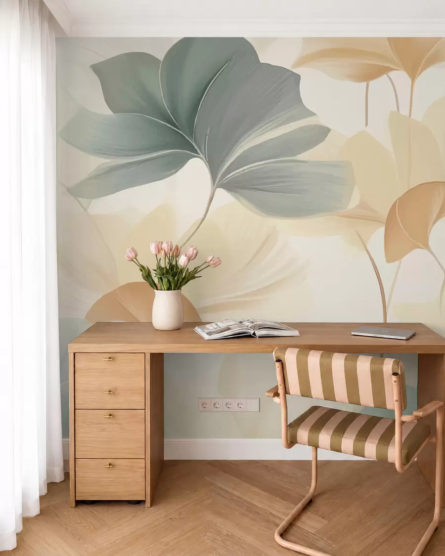 wall murals Pattern of ginkgo leaves in soft pastel tones, blending green, yellow, and cream hues to create a light and airy feel w02855