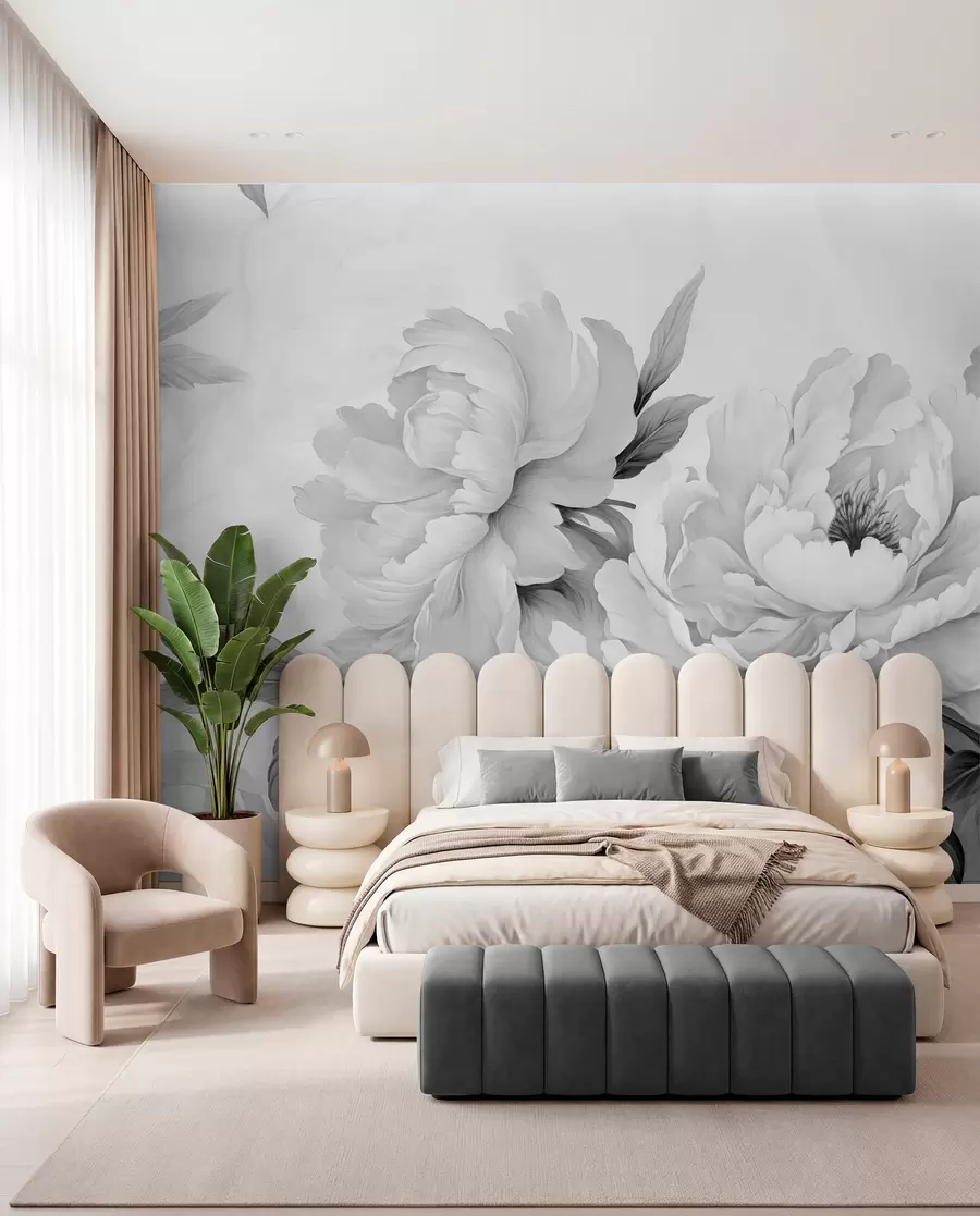 wall murals Luxurious peonies in shades of gray, with delicate details of petals and leaves, creating an elegant and serene atmosphere w02856