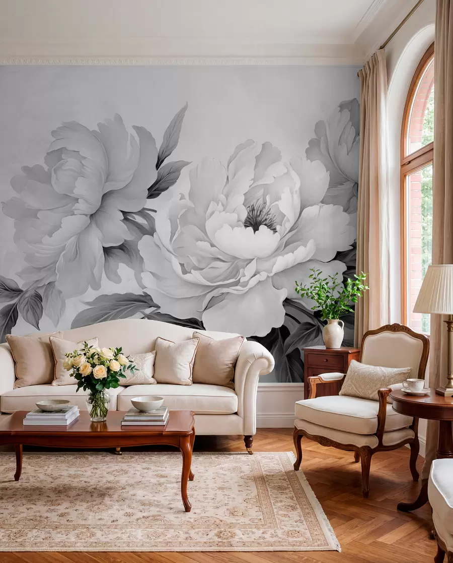 peintures murales Pivoines luxueuses dans les tons gris, avec des détails délicats de pétales et de feuilles, créant une atmosphère élégante et sereine w02856