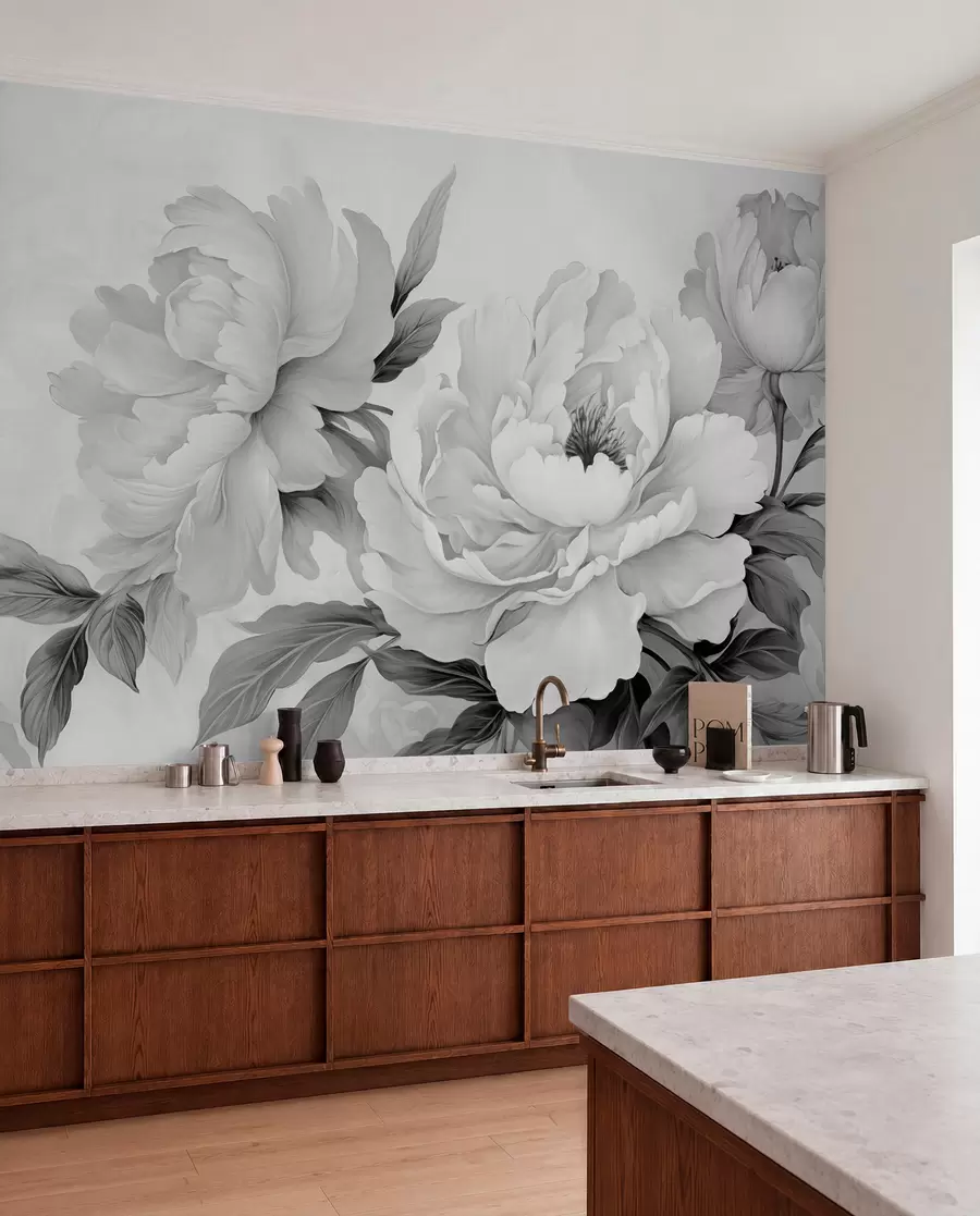 wall murals Luxurious peonies in shades of gray, with delicate details of petals and leaves, creating an elegant and serene atmosphere w02856