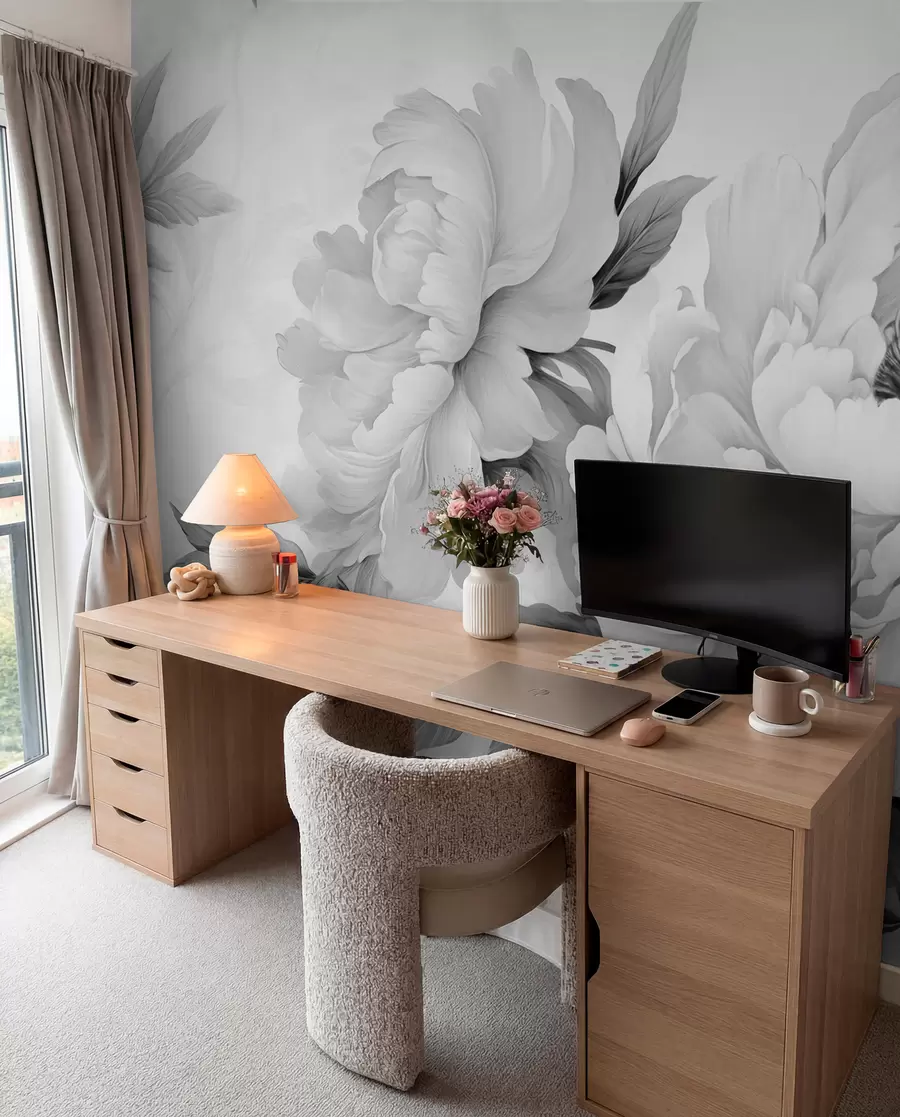 Wall Mural Photo Wallpaper Luxurious peonies in shades of gray, with delicate details of petals and leaves, creating an elegant and serene atmosphere w02856