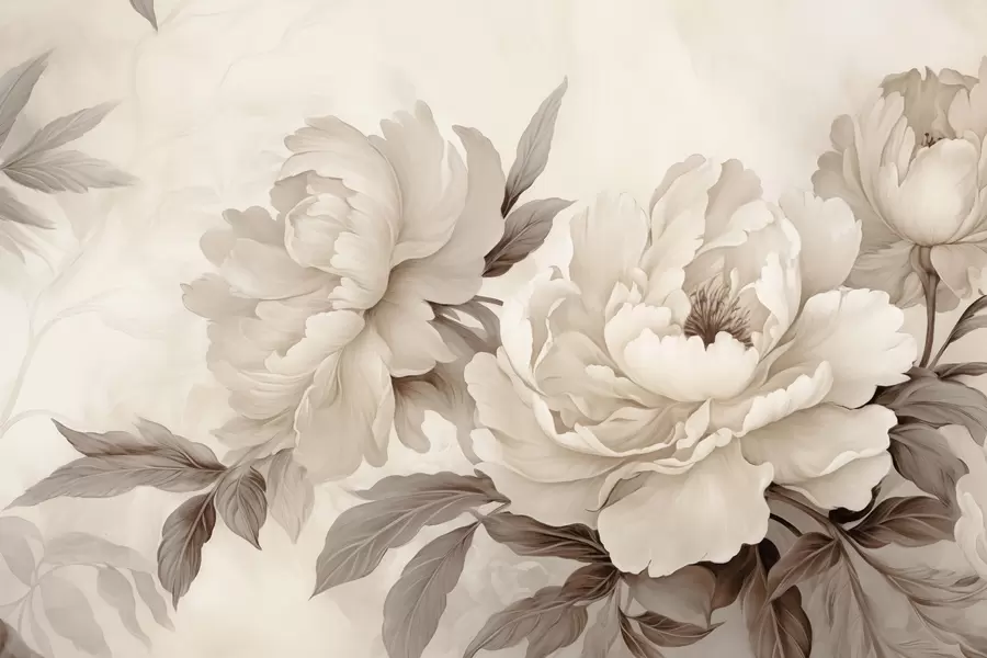Wall Mural Photo Wallpaper Delicate peonies in creamy beige tones, with refined details of petals and leaves, creating a warm and sophisticated ambiance w02856v1