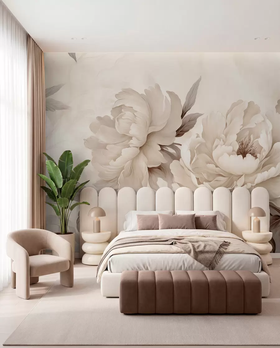 peintures murales De délicates pivoines dans des tons beige crème, avec des détails raffinés de pétales et de feuilles, créant une ambiance chaleureuse et sophistiquée w02856v1