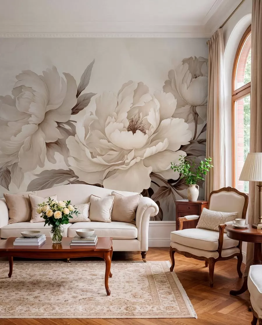 Wall Mural Photo Wallpaper Delicate peonies in creamy beige tones, with refined details of petals and leaves, creating a warm and sophisticated ambiance w02856v1