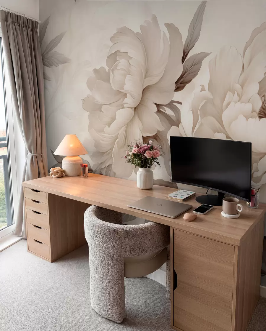 Wall Mural Photo Wallpaper Delicate peonies in creamy beige tones, with refined details of petals and leaves, creating a warm and sophisticated ambiance w02856v1