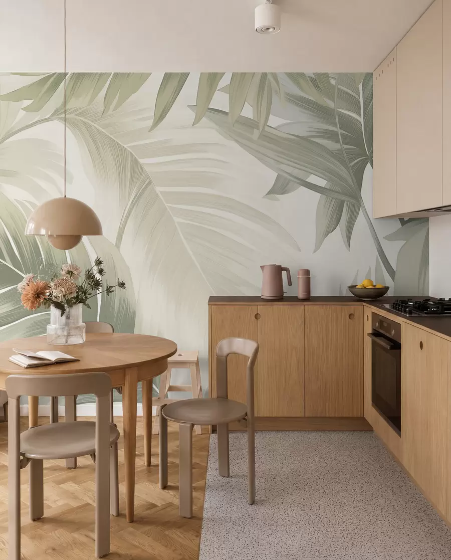 peintures murales Motif de grandes feuilles tropicales dans des tons doux de vert et de beige, avec des dégradés doux et des détails de texture délicats w02858