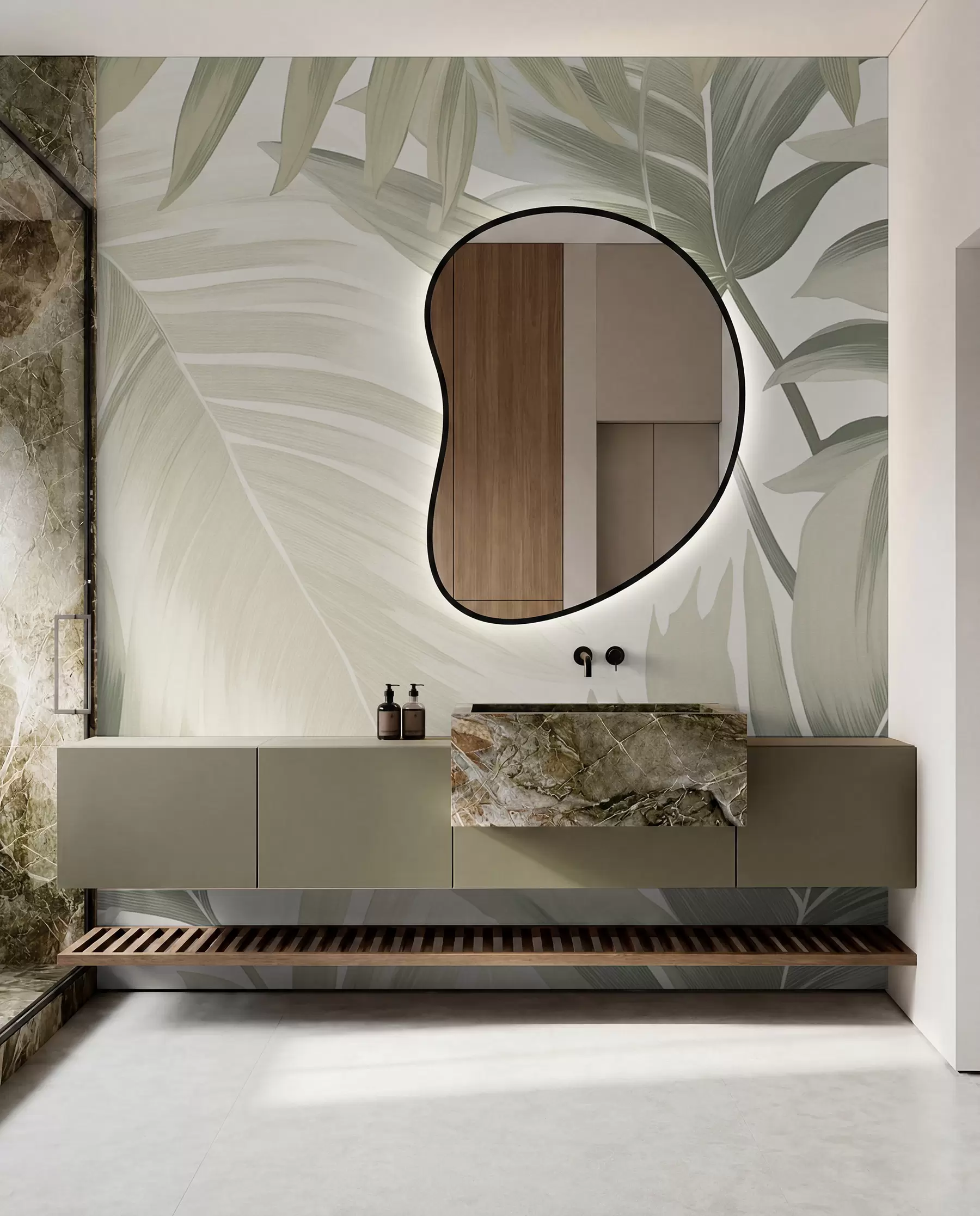 wall murals Pattern of large tropical leaves in soft green and beige hues, with smooth gradients and delicate texture details w02858