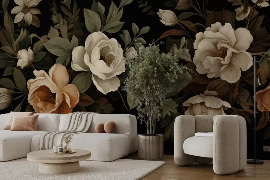 murales Flores variadas sobre fondo oscuro w02838