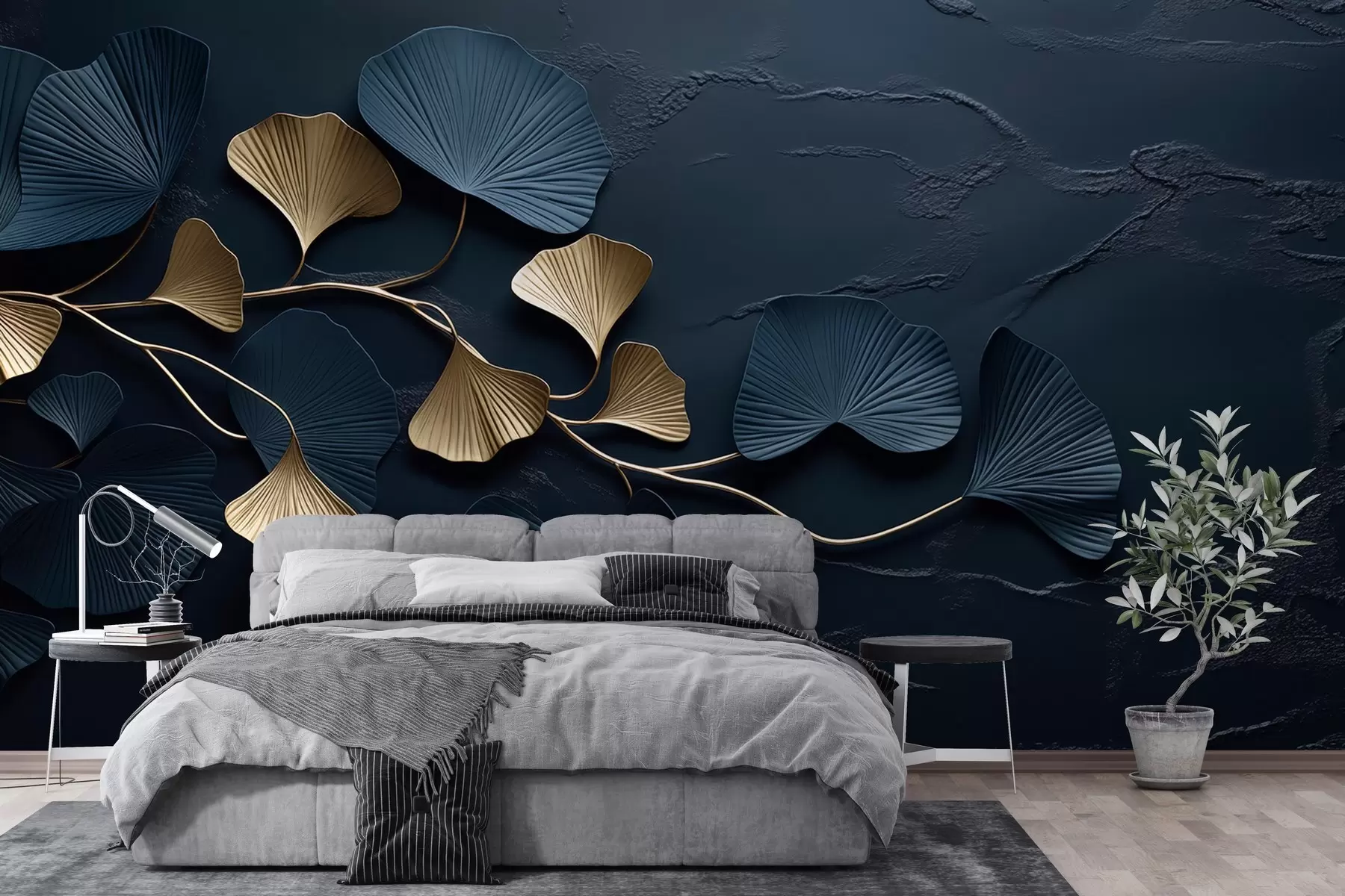 murales Rama volumétrica con hojas sobre un muro de hormigón w02841