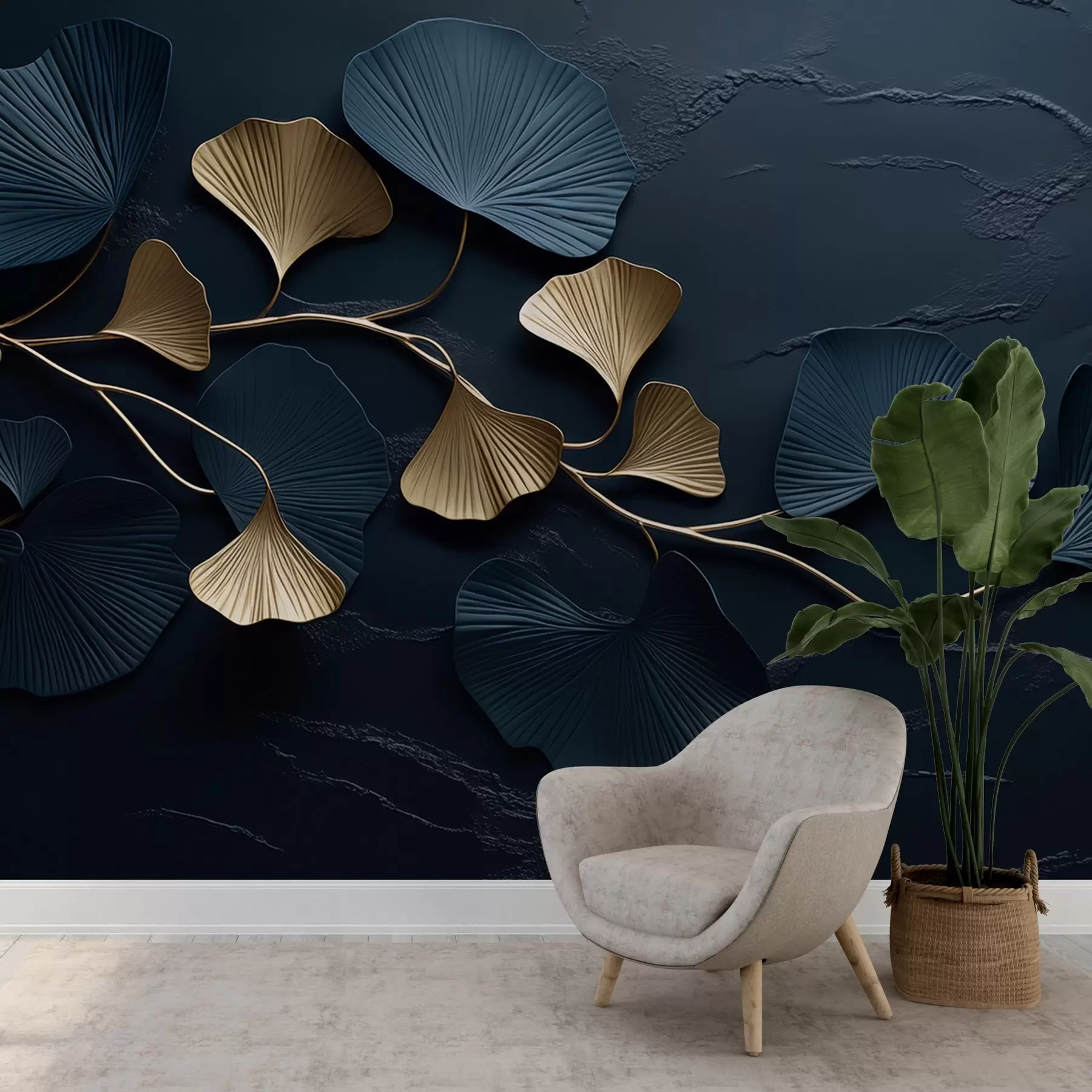 Wall Mural Photo Wallpaper Volumetric branch with leaves on a concrete wall w02841