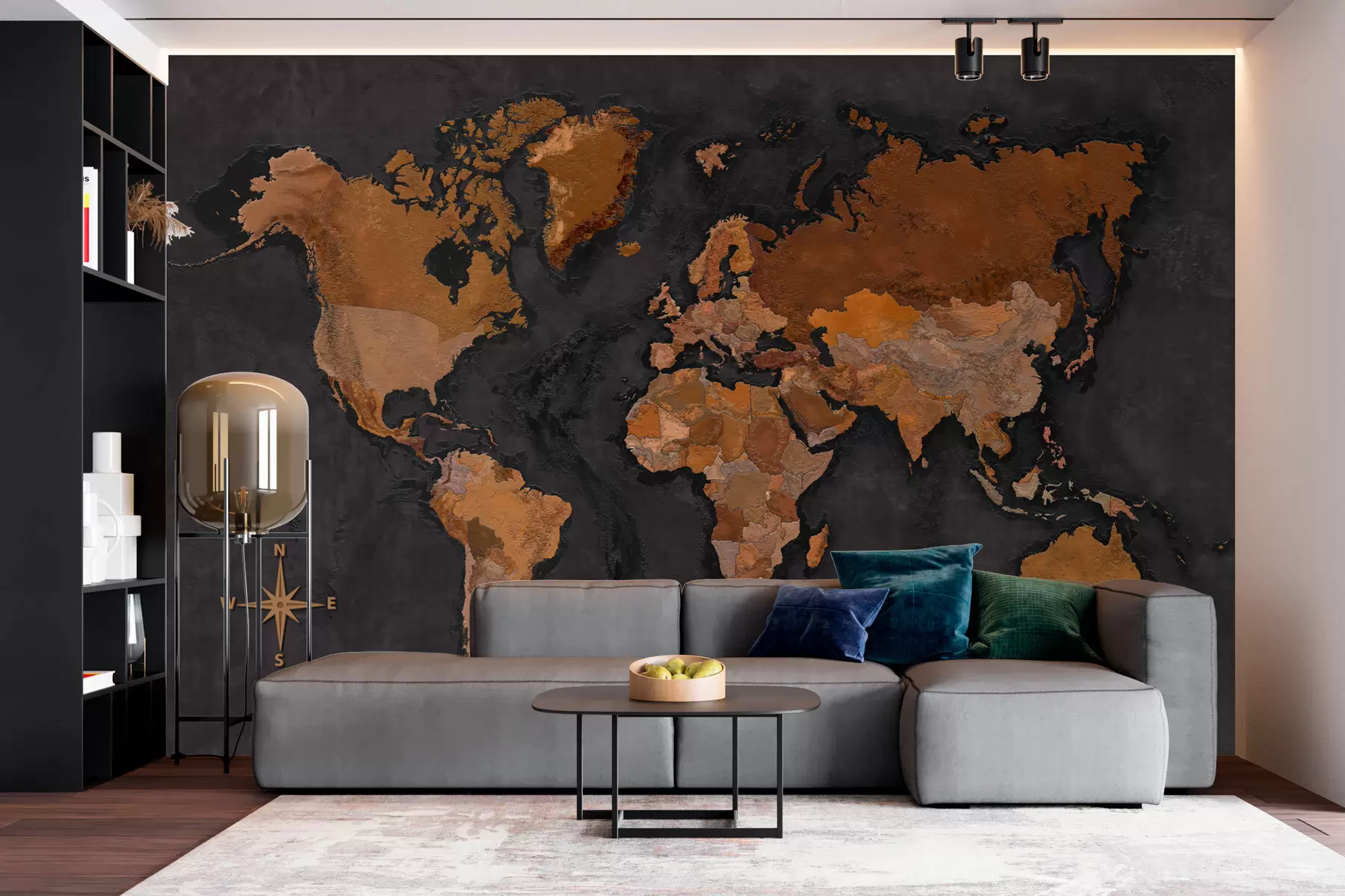 murais de parede Mapa-mundo na parede grunge com efeito de betão w02552