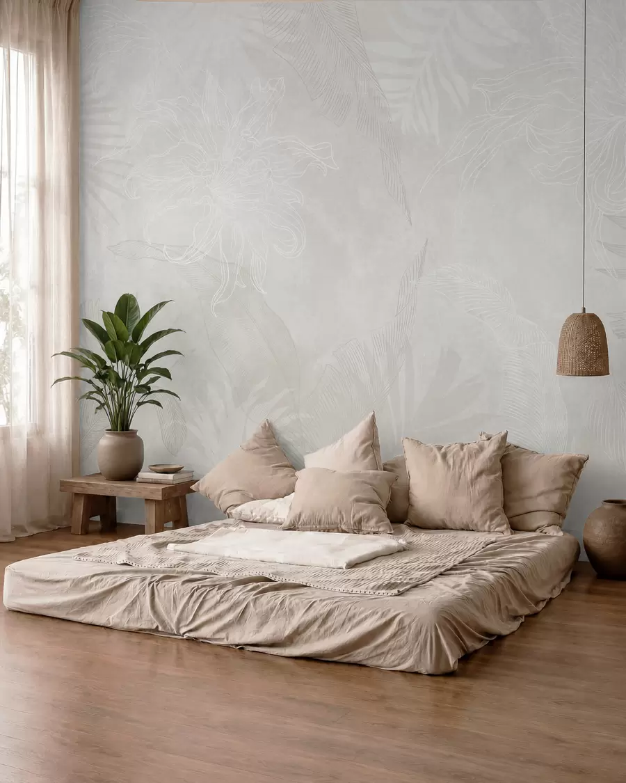 murales Hojas tropicales con efecto grunge en color claro w02737