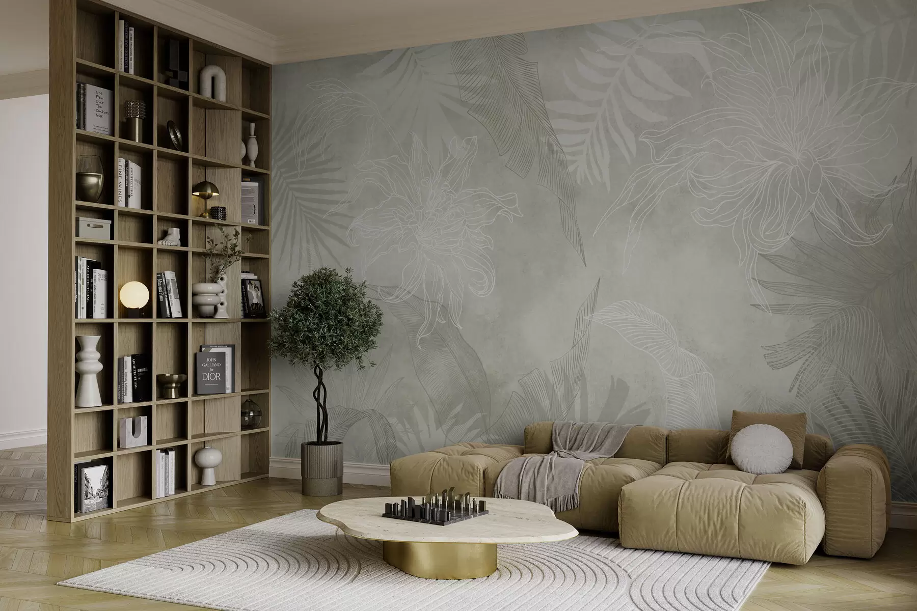 murales Follaje tropical con efecto grunge y tinte verde w02737v2