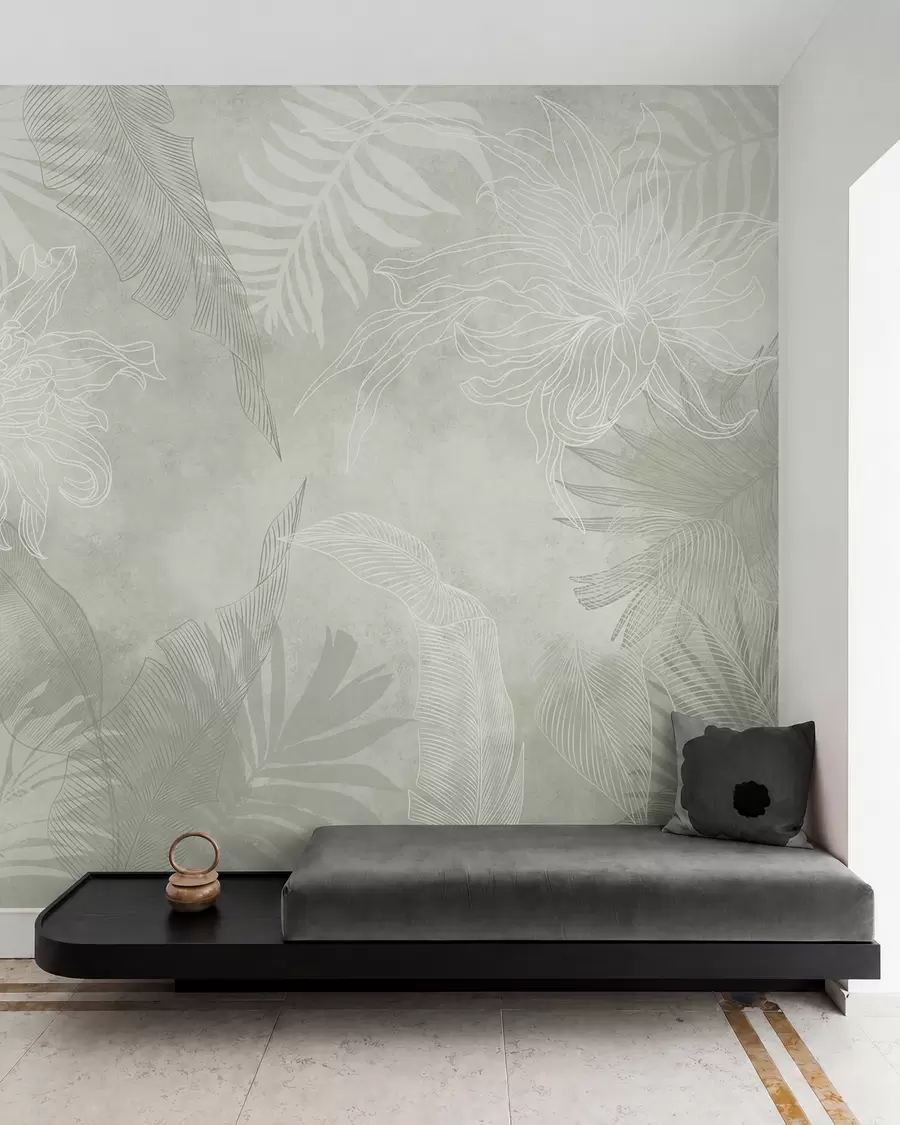 peintures murales Feuillage tropical à effet grunge avec une teinte verte w02737v2