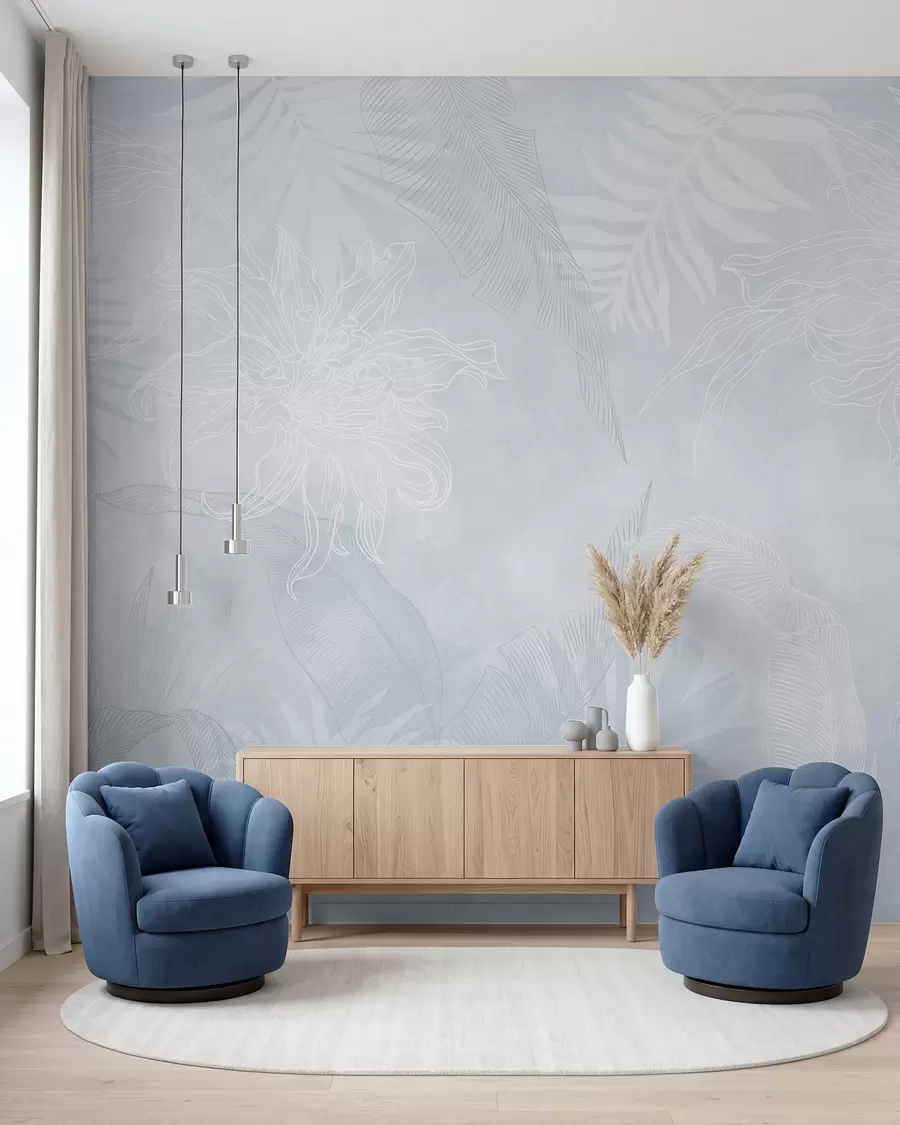 wall murals Grunge effect tropical foliage with a blue tint w02737v3