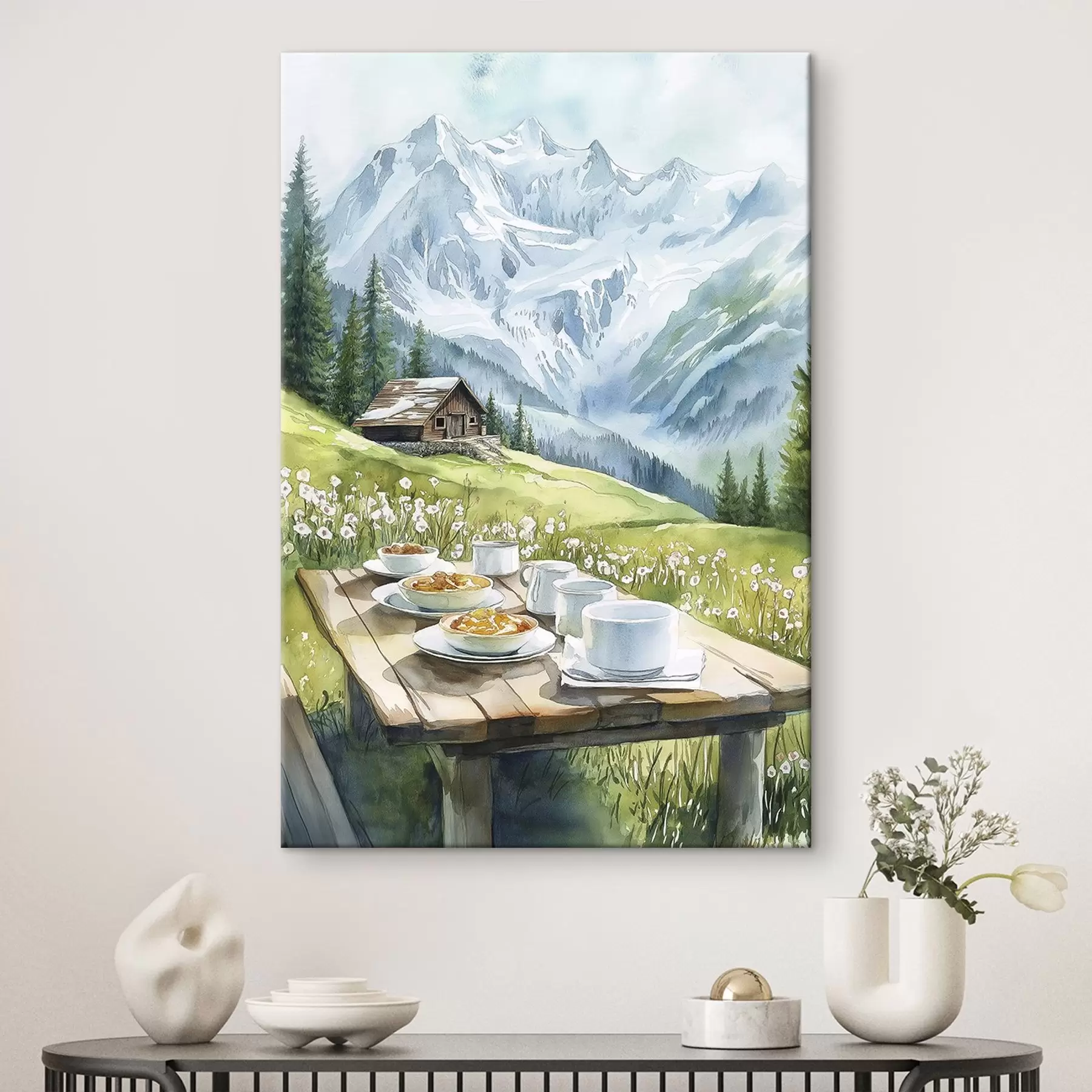 murales Desayuno en los Alpes, montañas, bosque, naturaleza, verano, estilo acuarela s42426