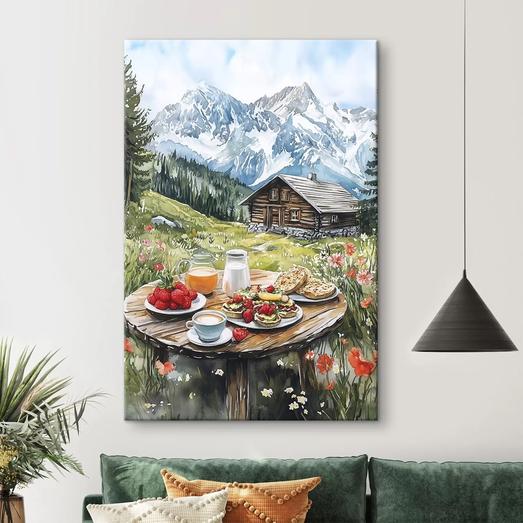 murales Hermosos paisajes de verano con montañas, bosques y flores, desayuno, estilo acuarela s42427
