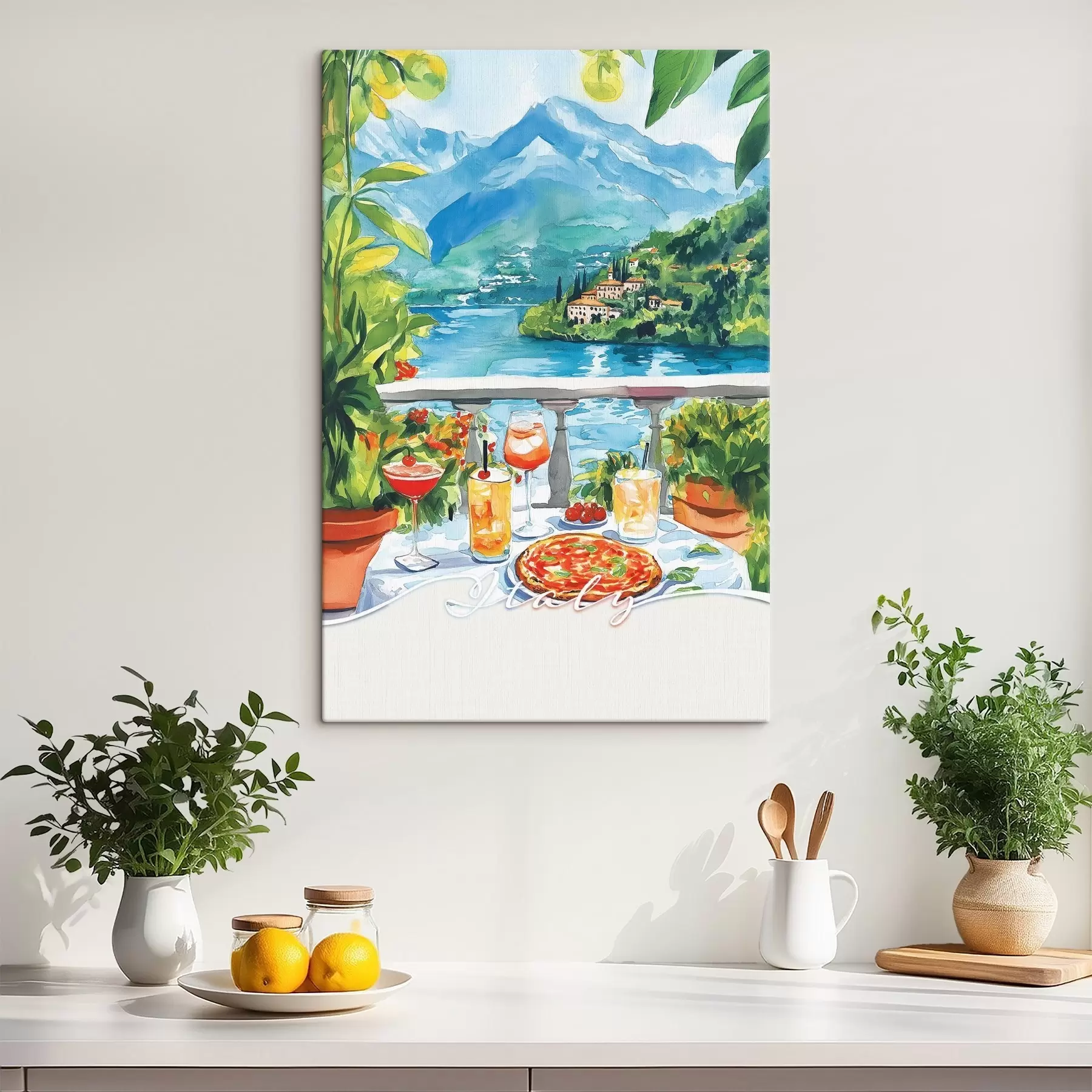 murales Estética italiana, estilo acuarela, pizza y cócteles, montañas s42434