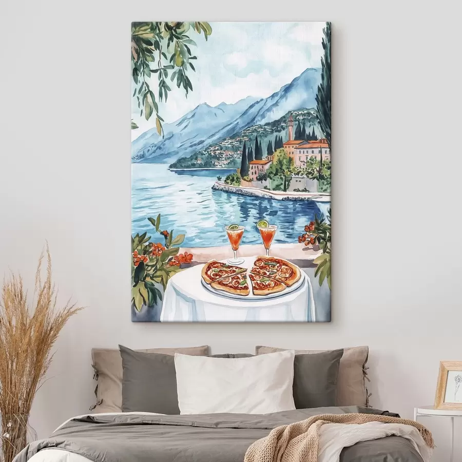 murales Lago Como, Italia, estilo acuarela, pizza, cócteles, casco antiguo, montañas s42437