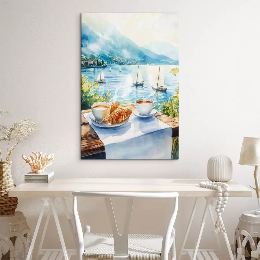 murales Lago de verano con veleros, tazas de café, croissants, estilo acuarela s42441